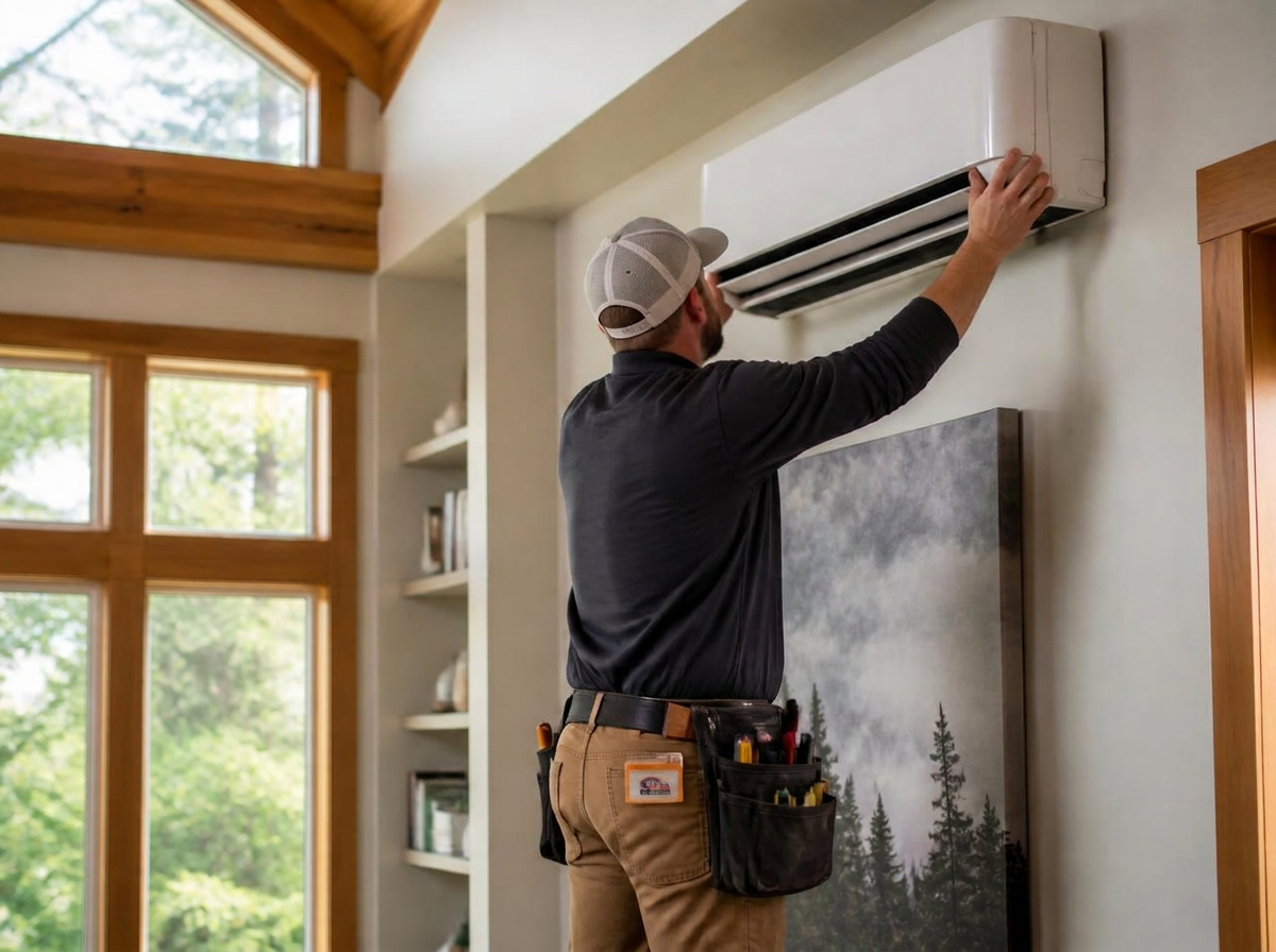 HVAC technician installing a ductless heat pump head in a Sunshine Coast home