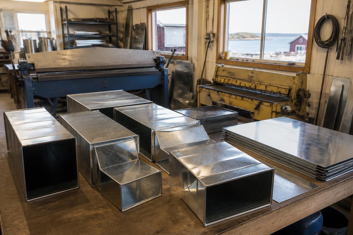 Freshly fabricated galvanized ductwork on a bench in the Carson sheet metal shop